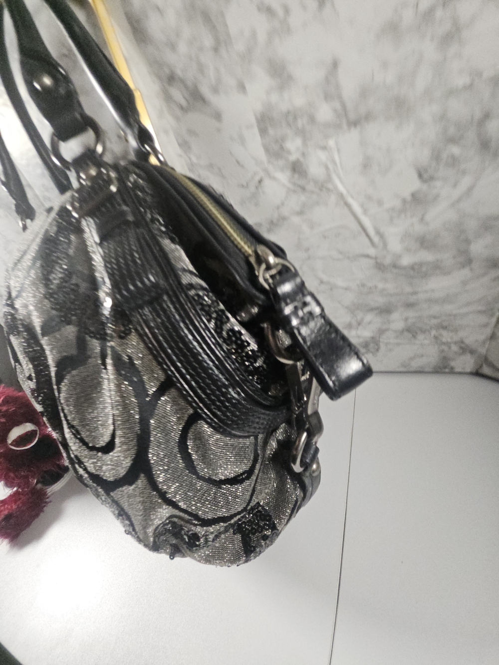 Coach Black and Silver Glitter Shoulder Bag with Signature Pattern